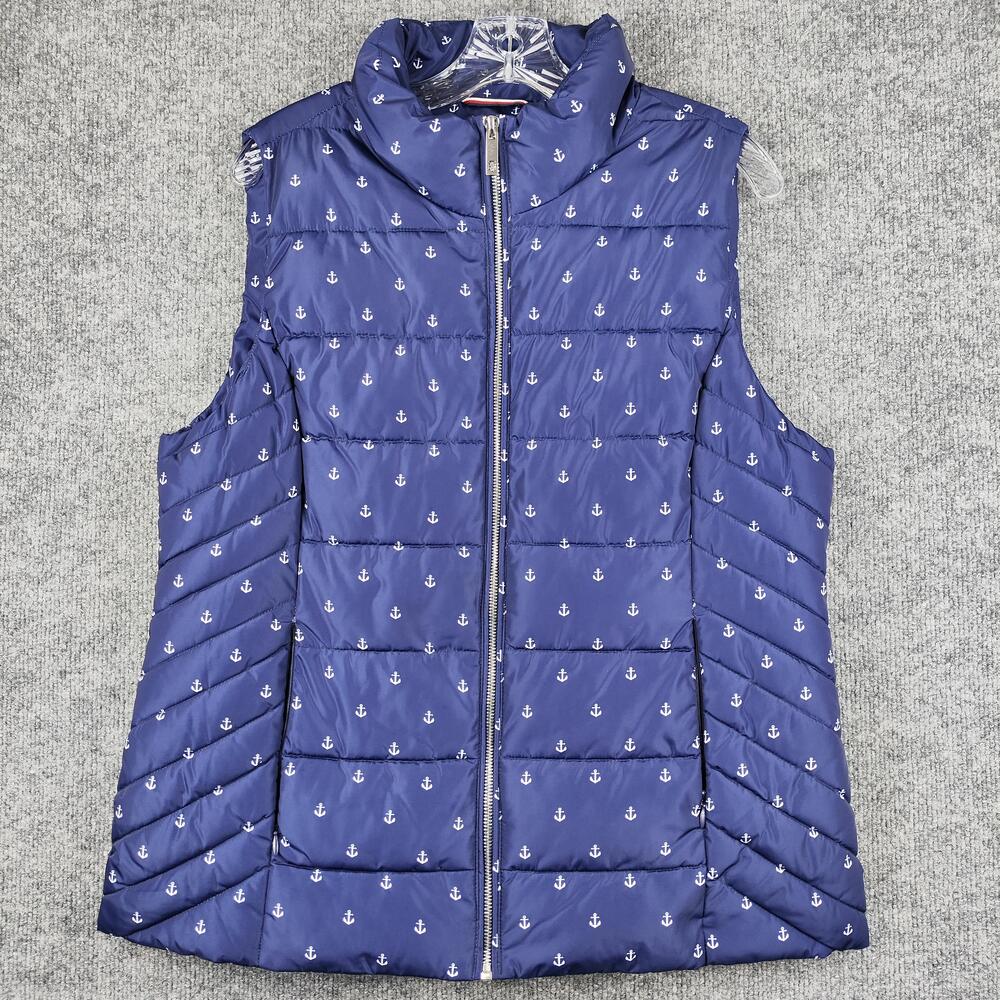 Tommy Hilfiger Vest Womens Large Blue Anchor Print Quilted Puffer Zip Warm